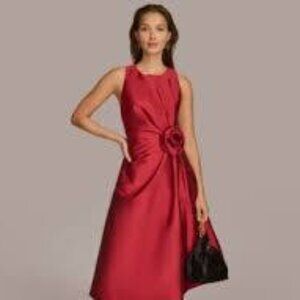 NWT Donna Karan Red Rosette Midi Fit & Flare Dress Size 12